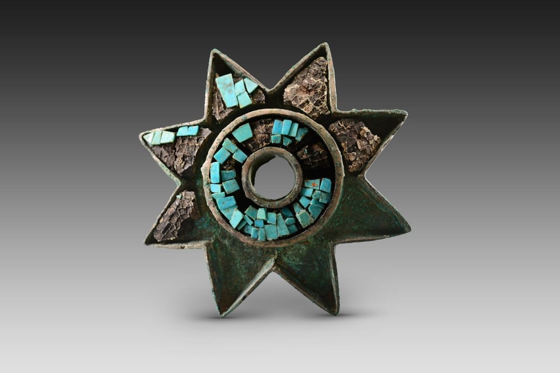 A Shang-era copper ornament with turquoise inlay unearthed from the Zhaigou site in Shaanxi province, China. Photo: Shaanxi Academy of Archaeology