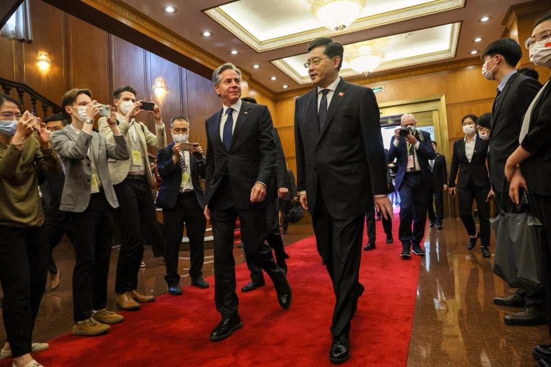 US Secretary of State Antony Blinken (left) and Chinese Foreign Minister Qin Gang enter the Diaoyutai State Guest House in Beijing for talks on Sunday. Photo: Reuters