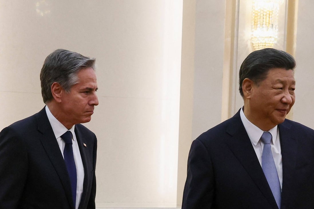US Secretary of State Antony Blinken and Chinese President Xi Jinping ahead of talks at the Great Hall of the People in Beijing on Monday. Photo: AFP