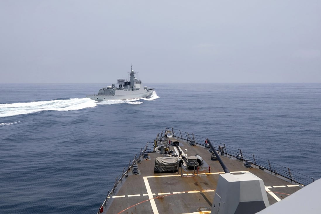 The USS Chung-Hoon observes a Chinese PLA Navy ship conduct what it called an “unsafe” manoeuvre in the Taiwan Strait on June 3, in which the Chinese ship cut sharply across the path of the American destroyer, forcing the US ship to slow to avoid a collision. Photo: AP