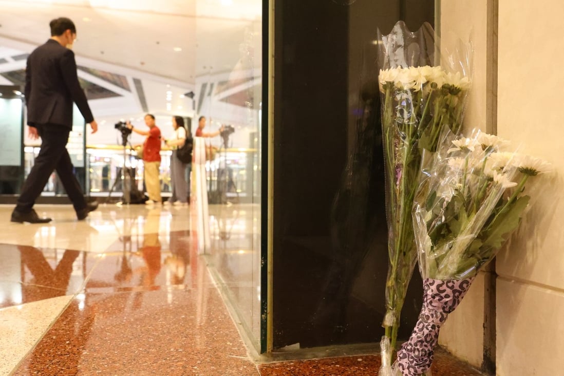 Flowers are seen in Plaza Hollywood, in Diamond Hill, on June 3, after two women were killed in a knife attack. The incident is one in a recent string of violent attacks in Hong Kong. Photo: Dickson Lee