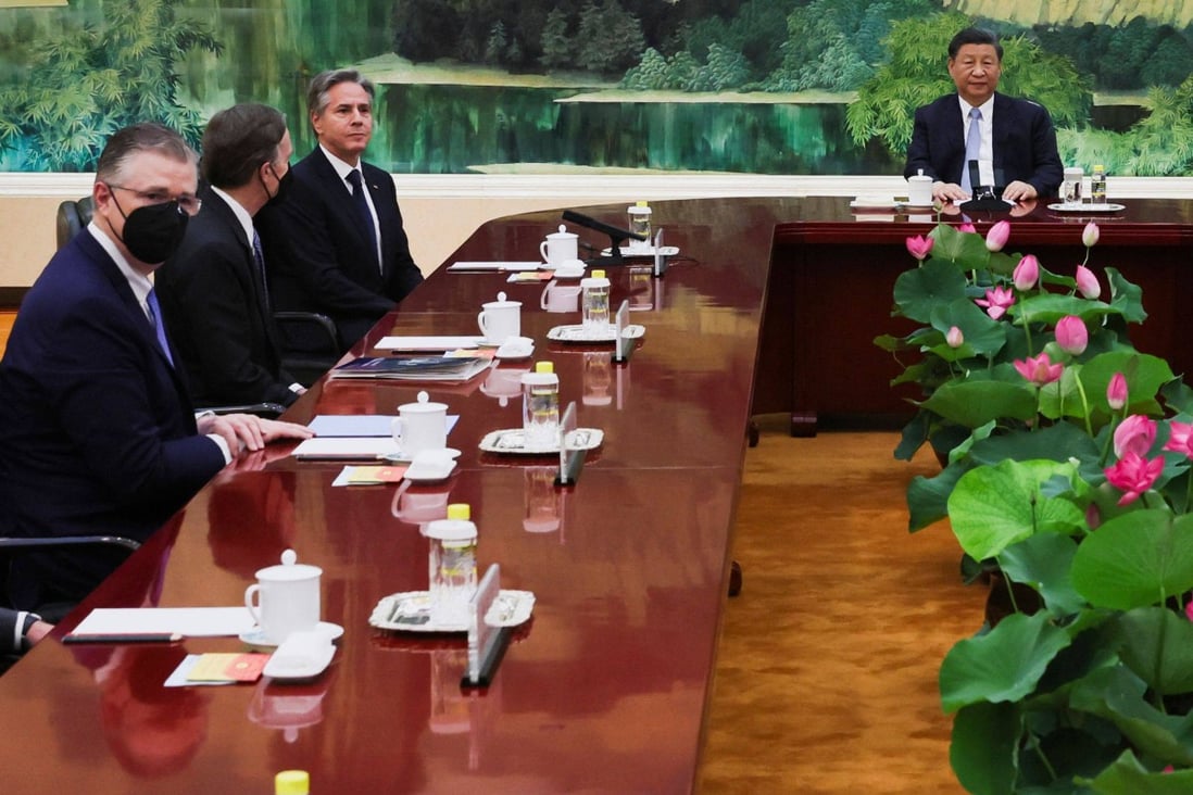 US Secretary of State Antony Blinken (fourth left) attends a meeting with President Xi Jinping (right) at the Great Hall of the People in Beijing on June 19. Xi hosted Blinken for a 35-minute dialogue, capping two days of high-level talks by the US secretary of state with Chinese officials. Photo: AFP