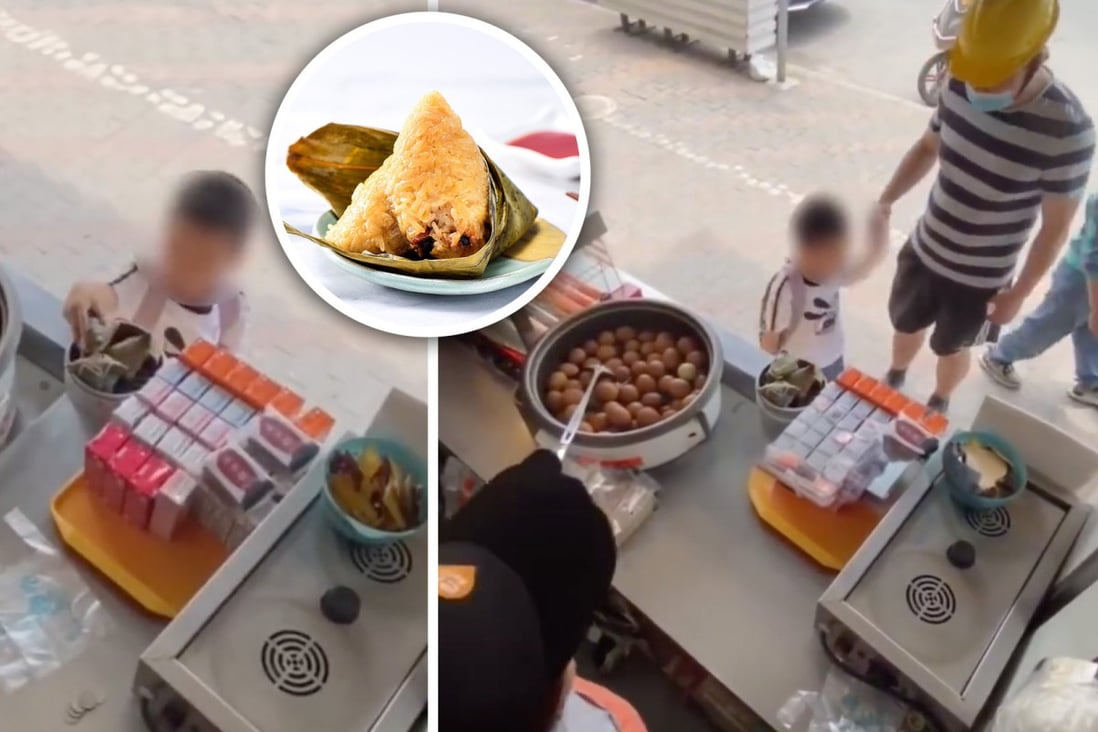 A father in China has been widely praised on mainland social media for making his young son apologise to a shop owner for stealing a sticky rice dumpling. Photo: SCMP composite/Weibo/@Xinhua