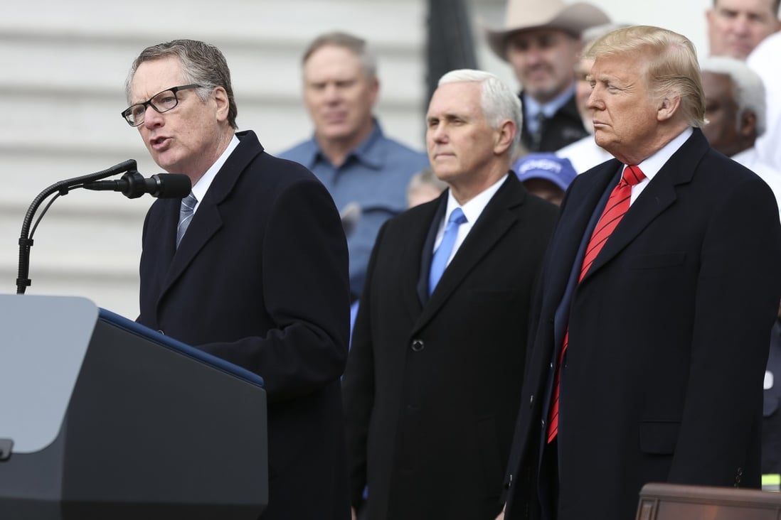 US trade representative Robert Lighthizer speaks during the US-Mexico-Canada Agreement signing ceremony on the South Lawn of the White House in Washington, on January 29, 2020, with vice-president Mike Pence and president Donald Trump looking on. Photo: Bloomberg
