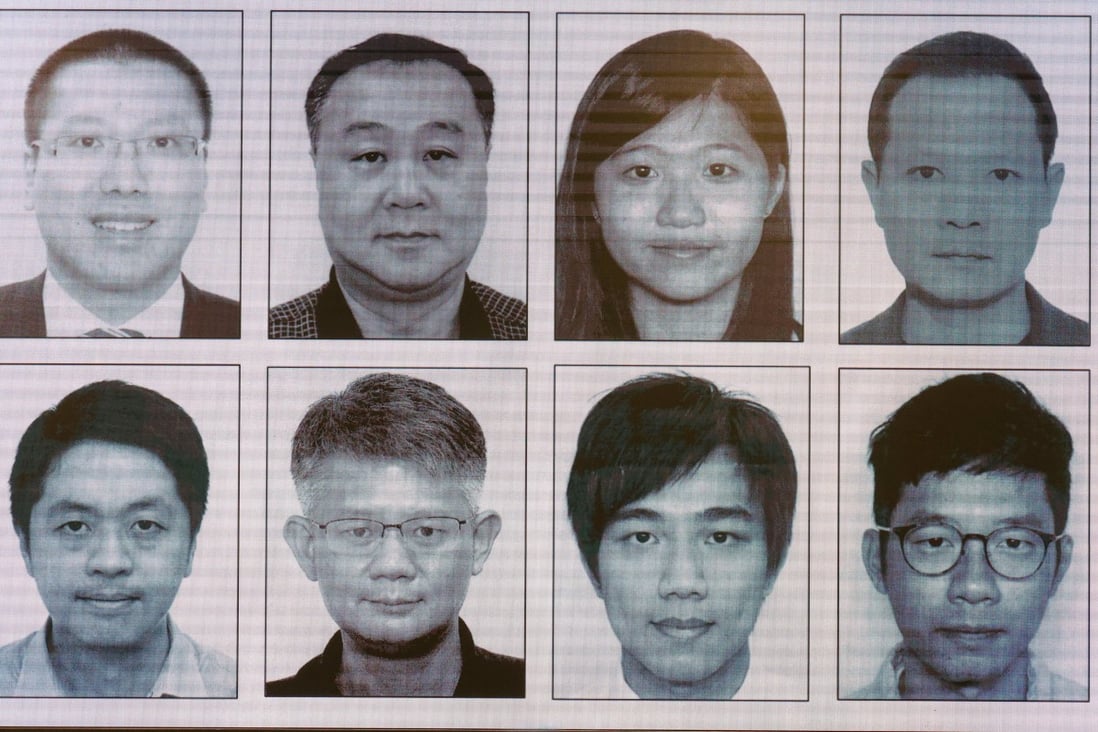 The eight suspects are (clockwise from top left) Kevin Yam, Elmer Yuan, Anna Kwok, Dennis Kwok, Nathan Law, Finn Lau, Mung Siu-tat and Ted Hui. Photo: Dickson Lee