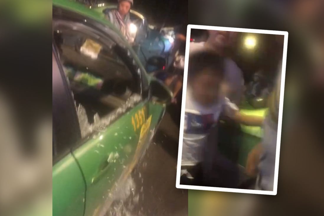 A penny-pinching couple in China have been slammed on mainland social media for criticising a Good Samaritan who smashed a taxi window to save their son who was trapped inside. Photo: SCMP composite/Baidu/@White Deer Video