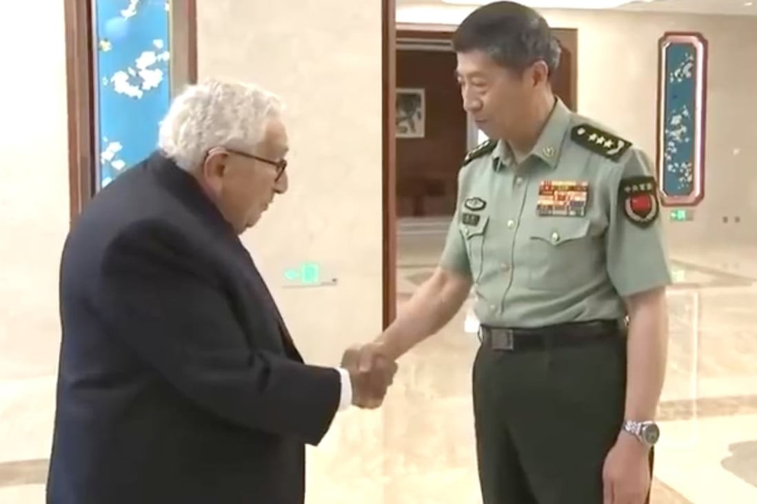Former US secretary of state Henry Kissinger meets General Li Shangfu, China’s defence chief, in Beijing on Tuesday. Photo: Weibo