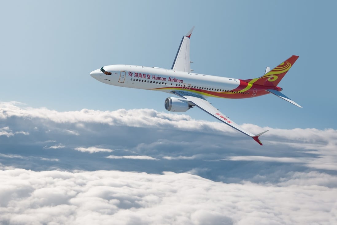 A Boeing 737 Max 8 with the livery of Hainan Airlines. The Civil Aviation Administration of China (CAAC) ordered all domestic carriers to stop flying the aircraft by 6pm, March 11, pending an investigation. Hainan Airlines operates 16 of the aircraft. Photo: SCMP/Hainan Airlines