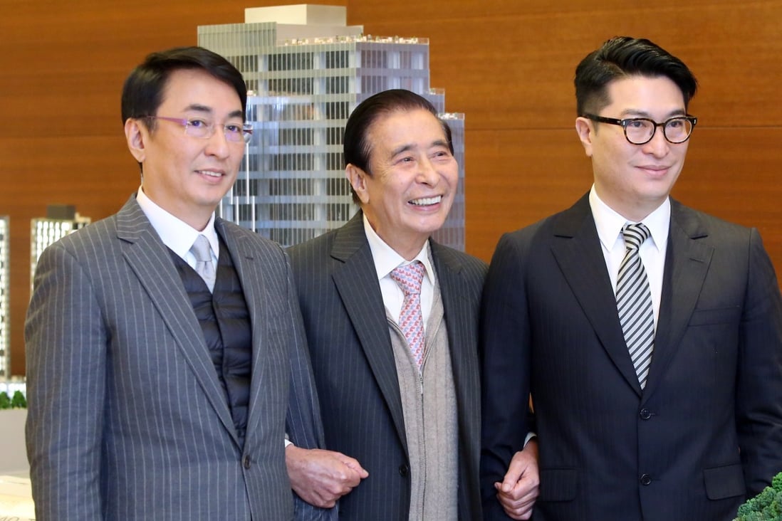 Henderson Land Development’s founder and chairman Lee Shau-kee (centre) with his two sons Peter Lee Ka-kit (left) and Martin Lee Ka-shing (right), on 21 March 2016 in Hong Kong. Photo: SCMP/ Sam Tsang