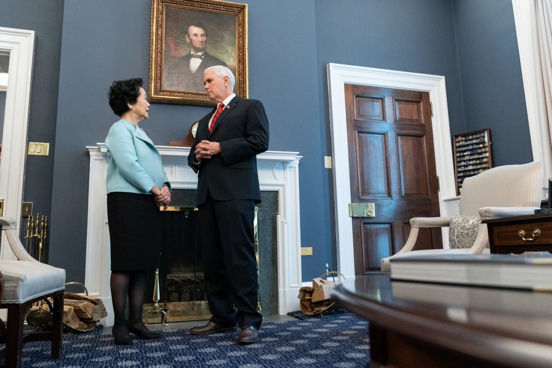 Anson Chan chats with US Vice-President Mike Pence in his office in the White House. Photo: Handout