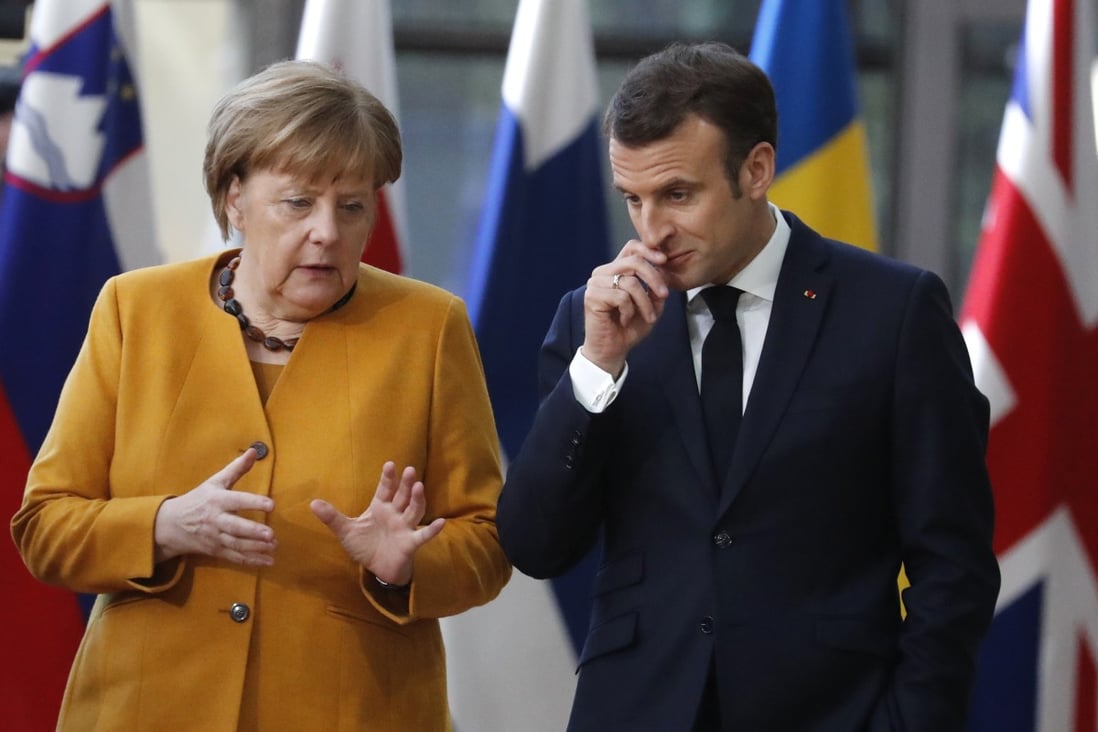 Angela Merkel will join Emmanuel Macron (right) and Jean-Claude Juncker for a meeting with Xi Jinping in Paris on Tuesday. Photo: AP