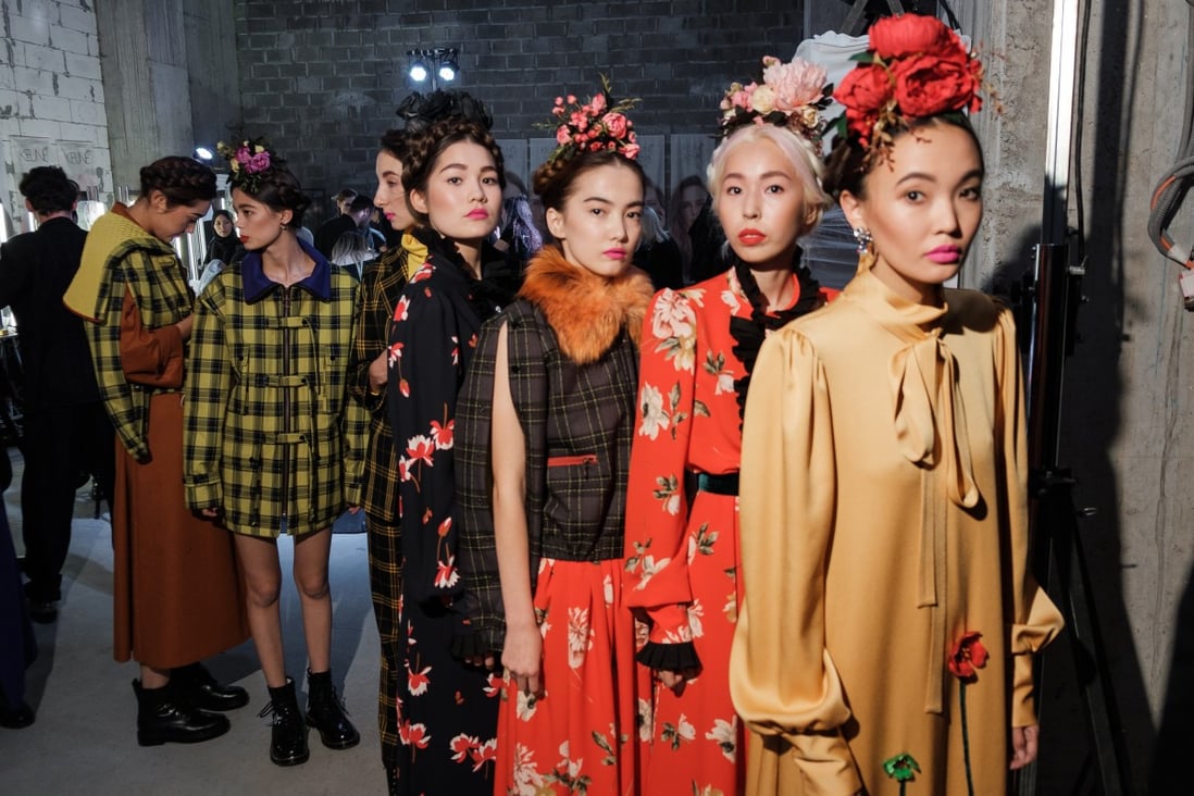 Models for the Kirpi show lining up during Almaty Fashion Week in 2018 in Kazakhstan.
