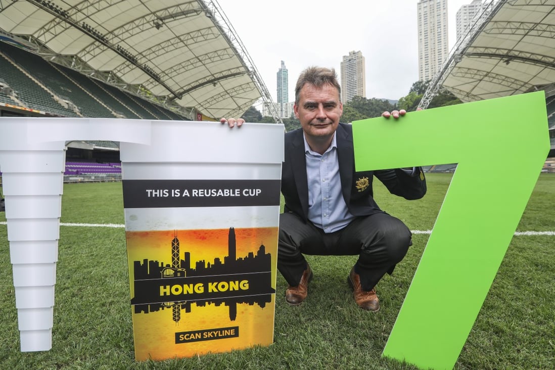 Robbie McRobbie, the chief executive officer of the Hong Kong Rugby Union, said they consulted a number of organisations concerning the roll-out of 250,000 reusable stack cups for beer for the 2019 Hong Kong Sevens. Photo: Xiaomei Chen