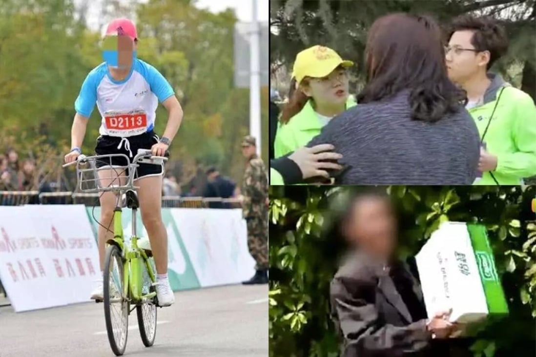 A woman rides a bicycle during the Xuzhou International Marathon; a woman argues with volunteers while a looter walks away with a box of goodies. Photos: Weibo