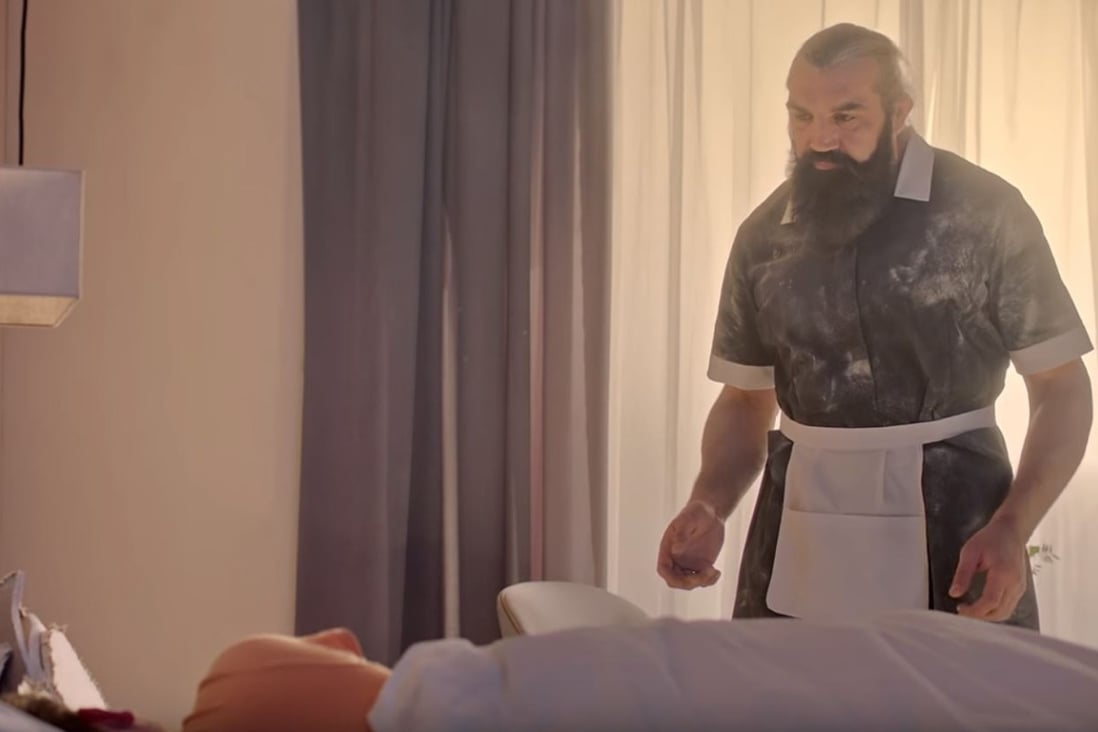Sebastien Chabal, dressed as a French maid, acting as a human alarm clock. Bravo to the Marriott International Asia-Pacific for pulling off this commercial. Photo: YouTube