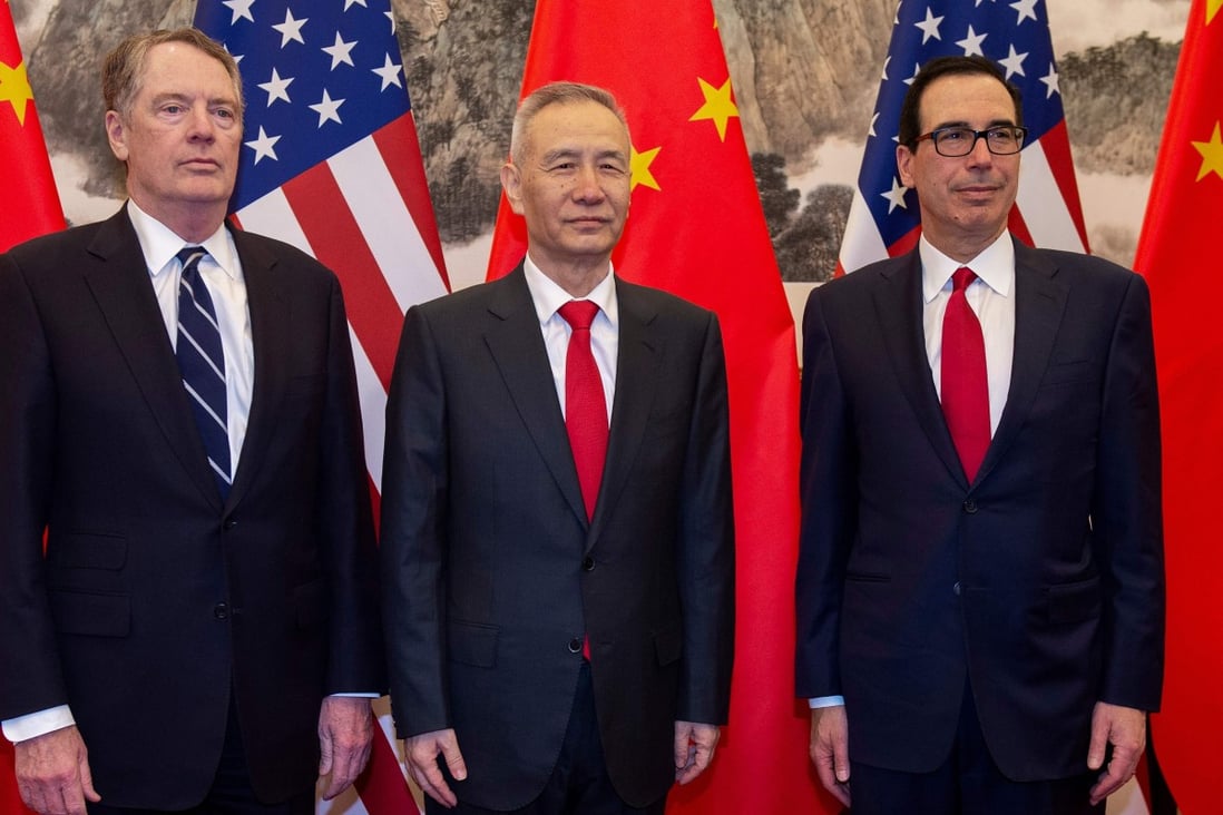 US trade representative Robert Lighthizer (left), China's Vice-Premier Liu He and US Treasury Secretary Steven Mnuchin at Diaoyutai State Guesthouse in Beijing on Friday. Photo: AFP