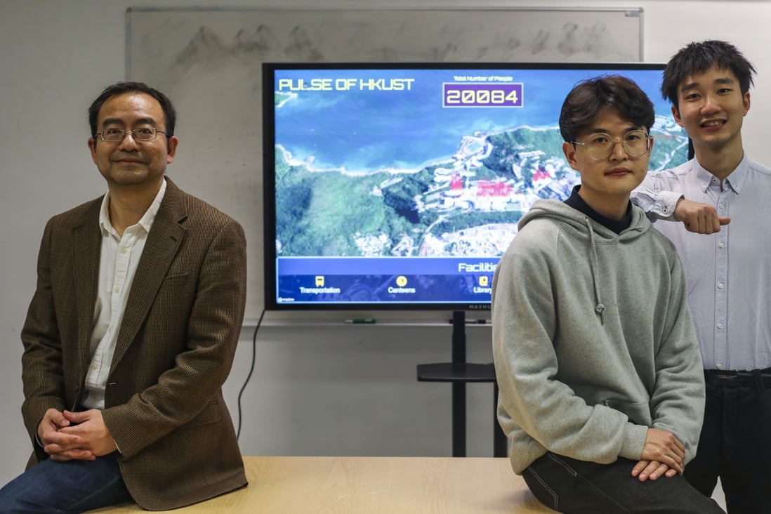 Professor Qu Huamin (left) with his students Steve Ku (centre) and Wu Aoyu. Behind them is the interface of their Pulse app. Photo: Xiaomei Chen