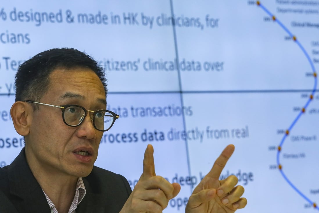 Dr Cheung Ngai-tseung, head of the Hospital Authority’s information technology and health informatics, introduces the Hospital Authority’s big data lab at the Kowloon Bay International Trade & Exhibition Centre on March 26. Photo: David Wong