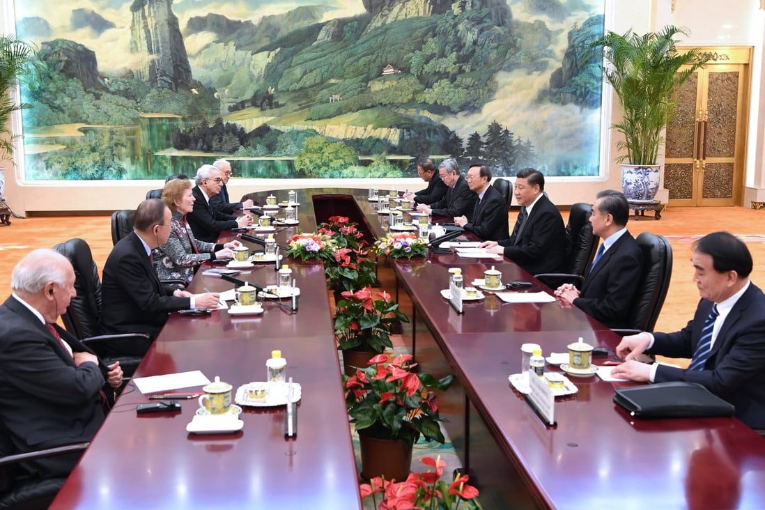 Chinese President Xi Jinping (right, centre) meets with The Elders delegation, led by its chair, former president of Ireland Mary Robinson, in the Great Hall of the People in Beijing on Monday. Photo: Xinhua