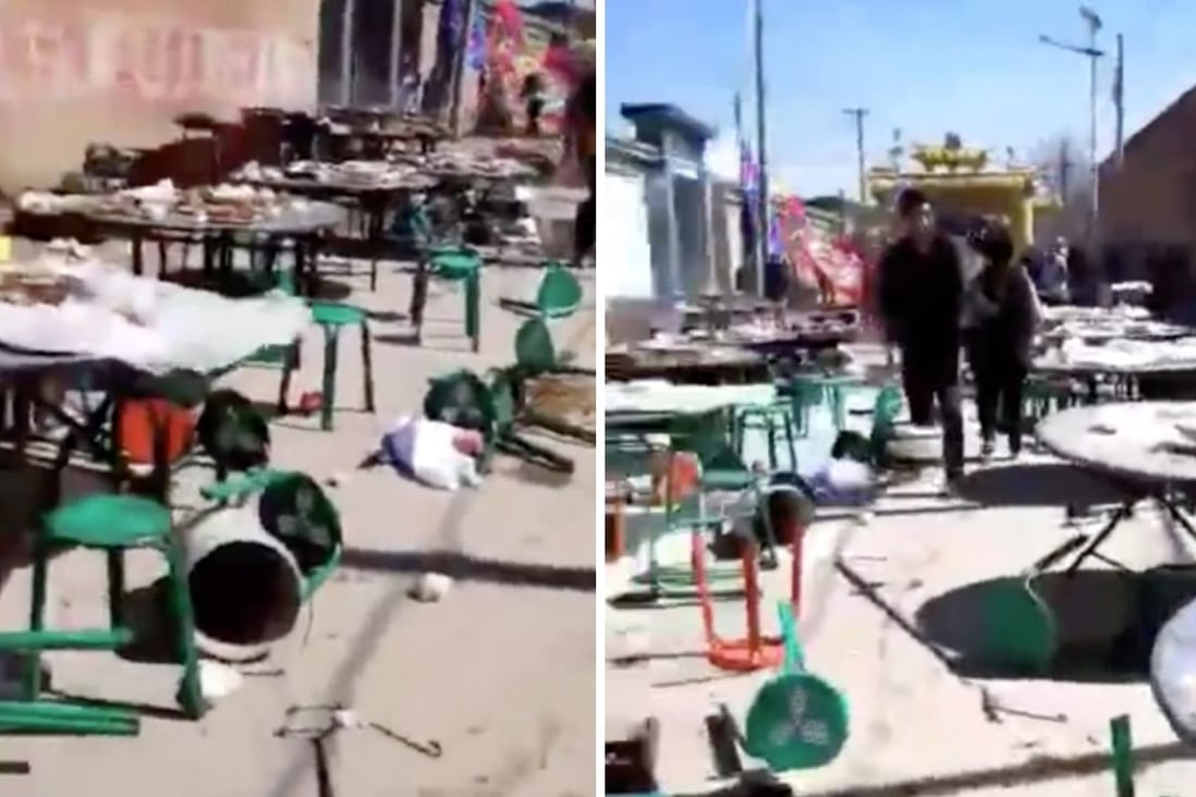 Chairs were left strewn as people fled after the explosion. Photo: Weibo