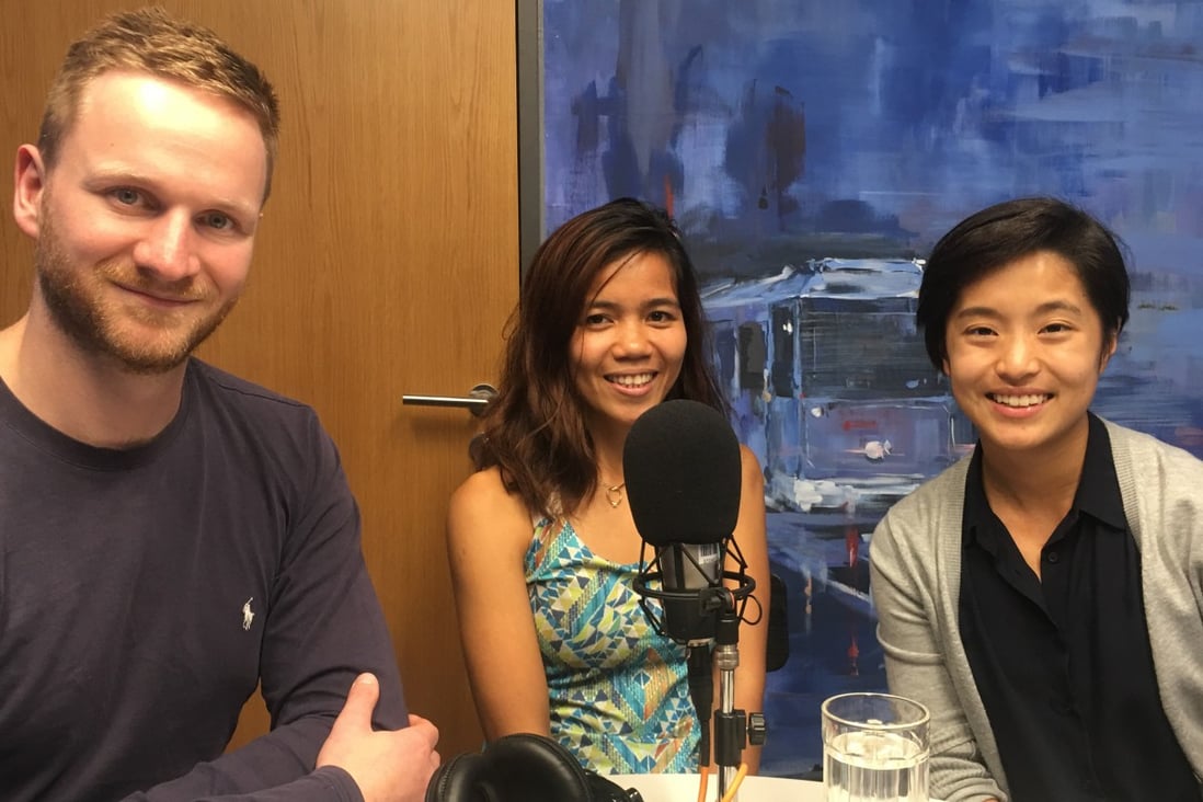 Fredelyn Alberto (centre) with Adventure Trail podcast hosts Mark Agnew and Mary Hui.