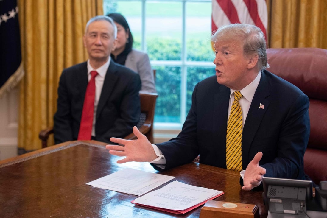 US President Donald Trump and Chinese Vice-Premier Liu He in the Oval Office at the White House on Thursday. Photo: AFP