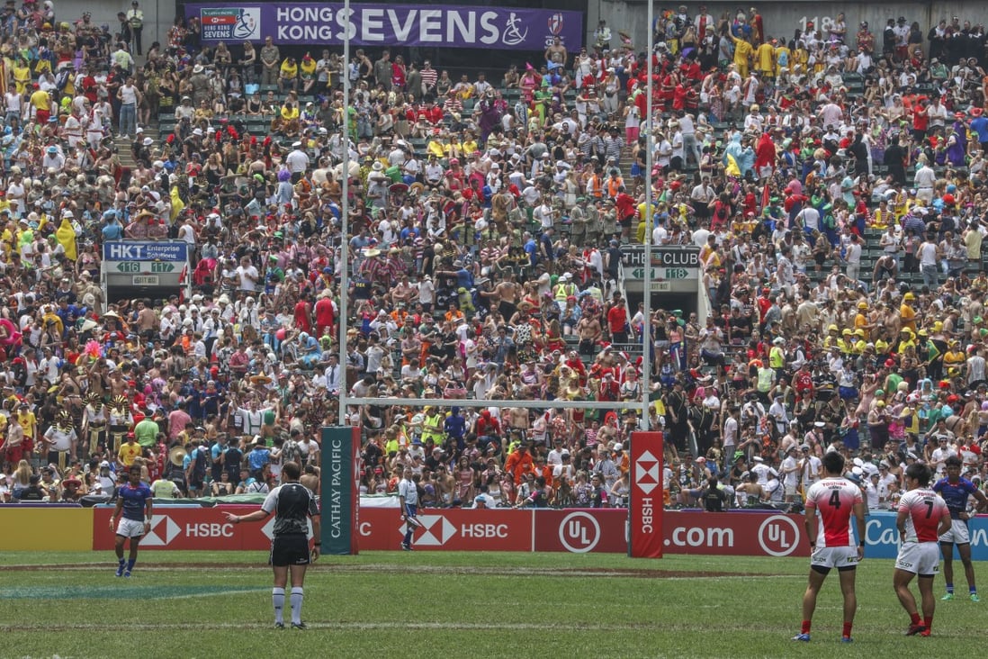 A packed South Stand at its most crazy on the second day at the Hong Kong Sevens. Photo: Roy Issa