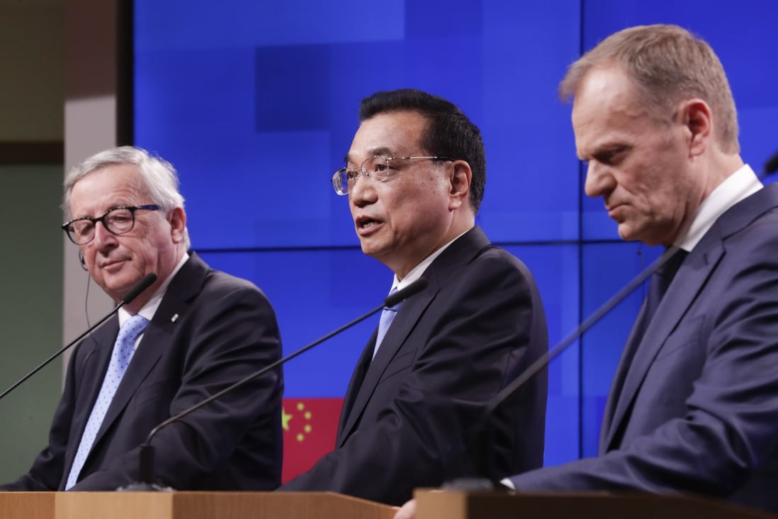 From left, European Commission President Jean-Claude Juncker, Chinese Premier Li Keqiang and European Council President Donald Tusk at the EU-China summit on Tuesday. Photo: EPA-EFE