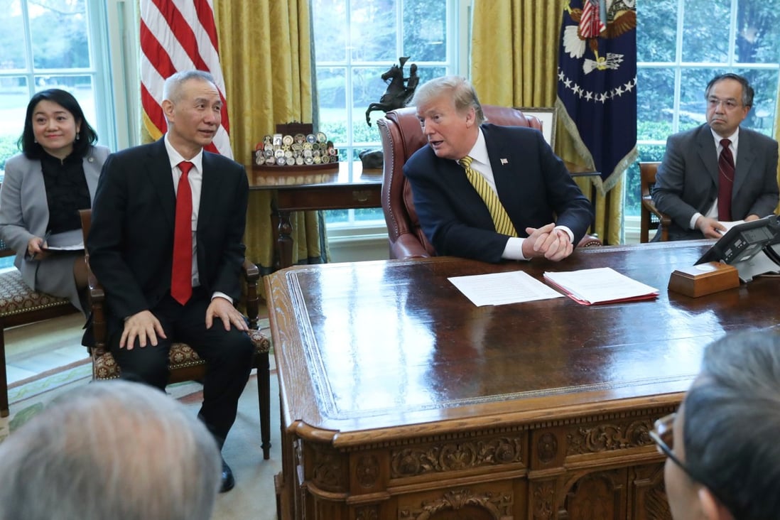 US President Donald Trump with China's Vice-Premier Liu He in the Oval Office of the White House in Washington at the start of April. Photo: Reuters