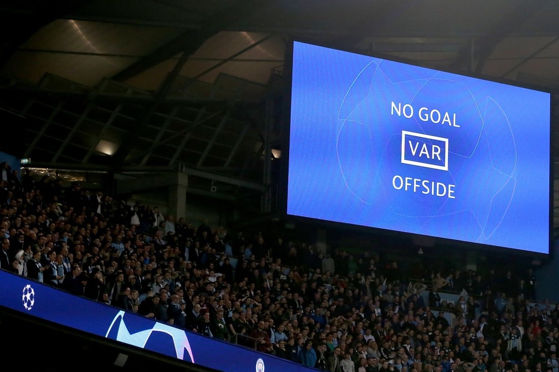 The stadium screen rules out a Manchester City winner after VAR review. Photo: EPA