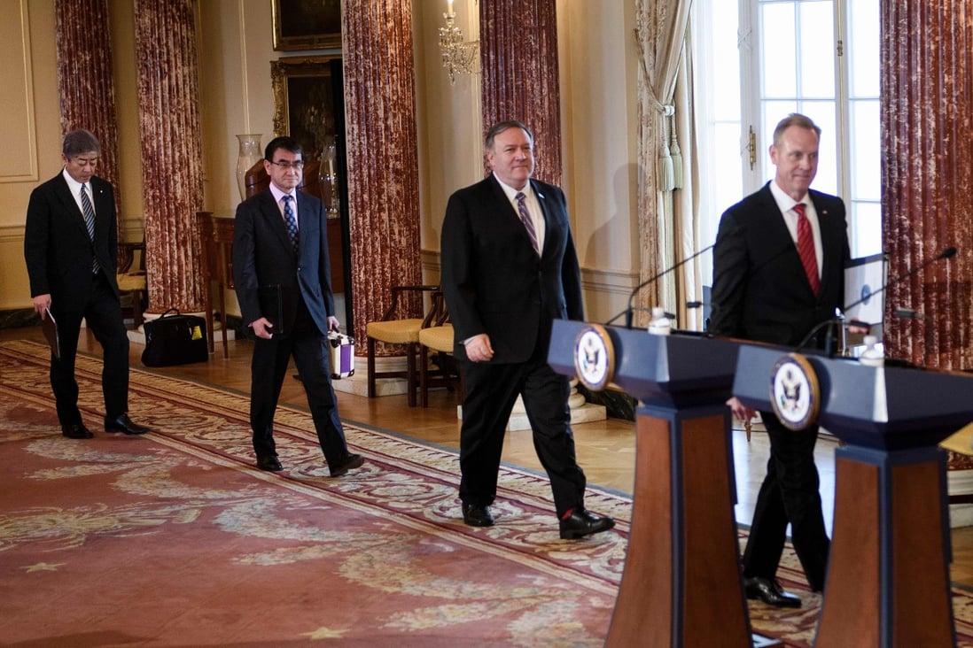 From left: Japan’s Defence Minister Takeshi Iwaya, Japan’s Foreign Minister Taro Kono, US Secretary of State Mike Pompeo and acting US secretary of defence Patrick Shanahan arrive for a press conference after a meeting at the US Department of State on April 19, 2019 in Washington. Photo: AFP