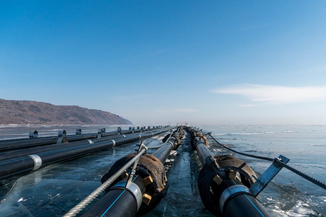 Water manifolds built on the ice of Lake Baikal where a China-funded project was shelved after a backlash over environmental concerns. Photo: AFP