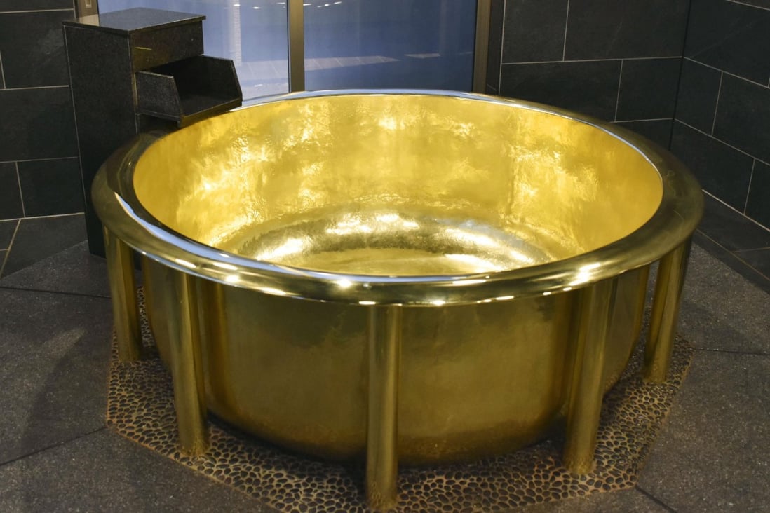 A 154.2kg bathtub made of 18-carat gold at Huis Ten Bosch’s hot spring resort in Sasebo, Nagasaki. Photo: Kyodo