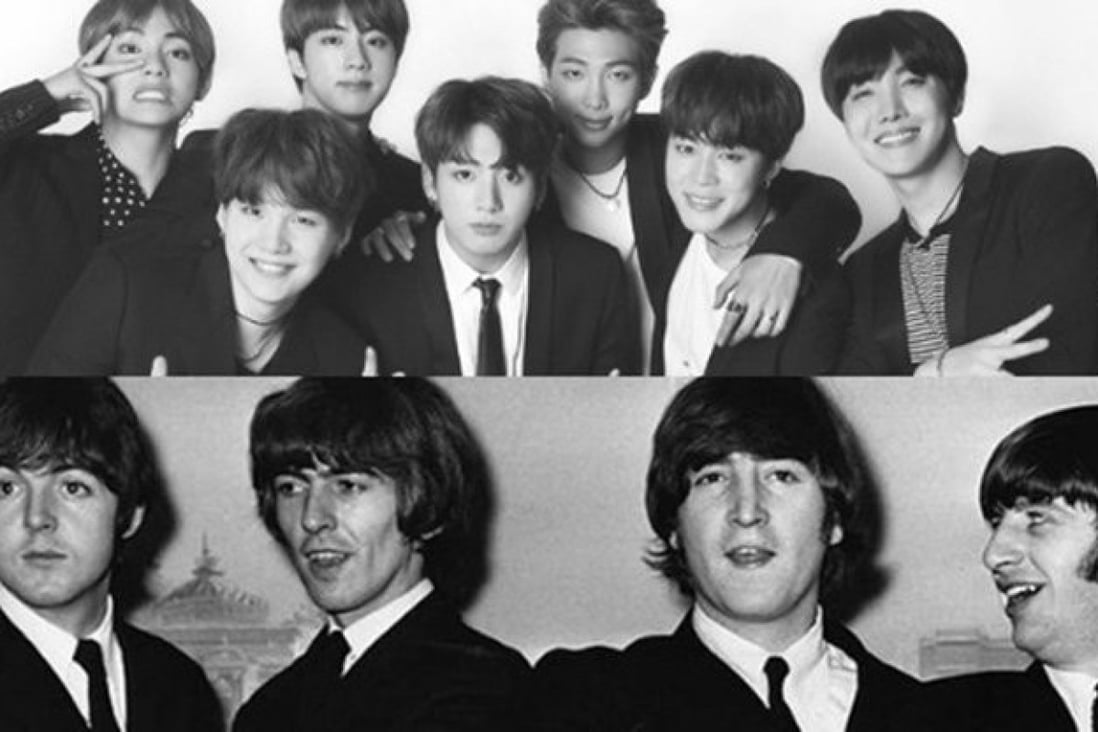 The K-pop boy band BTS (top) is celebrating three No 1 albums on the Billboard 200 chart in just 11 months – a feat last achieved by the British band, The Beatles, in the 1990s. Photos: Korea Times