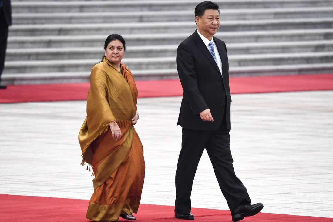 China's President Xi Jinping and his Nepali counterpart Bidhya Devi Bhandar at the Great Hall of the People in Beijing during the Belt and Road Forum gathering. Photo: AFP