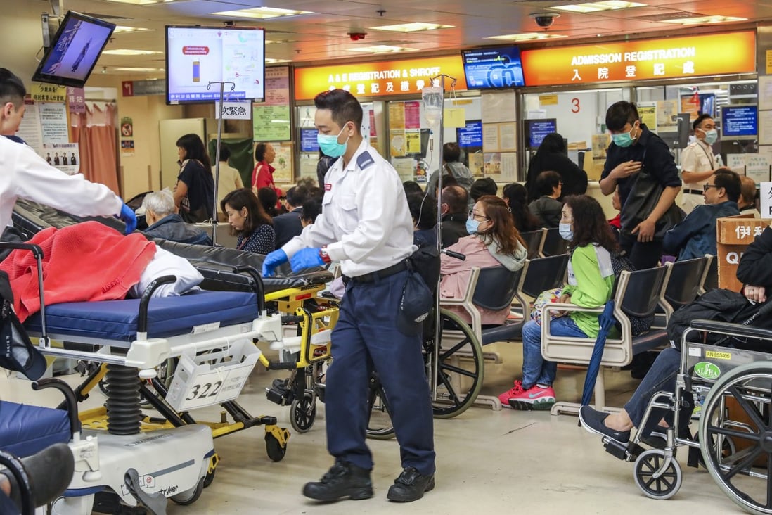 Hospital staff wheel a trolley through the crowded Accident and Emergency Department at Queen Elizabeth Hospital in Yau Ma Tei. Photo: Dickson Lee