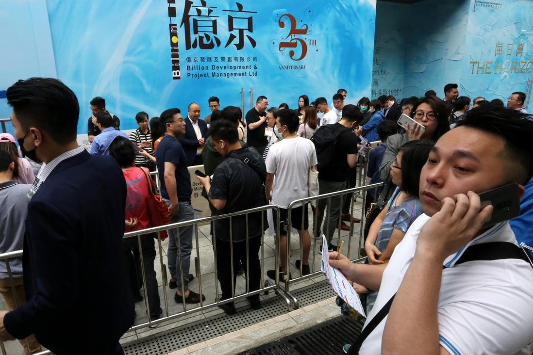 Potential buyers queue up for Billion Development and Project Management’s flats at Centra Horizon in Pak Shek Kok, Tai Po, on April 27, 2019. Photo: Jonathan Wong