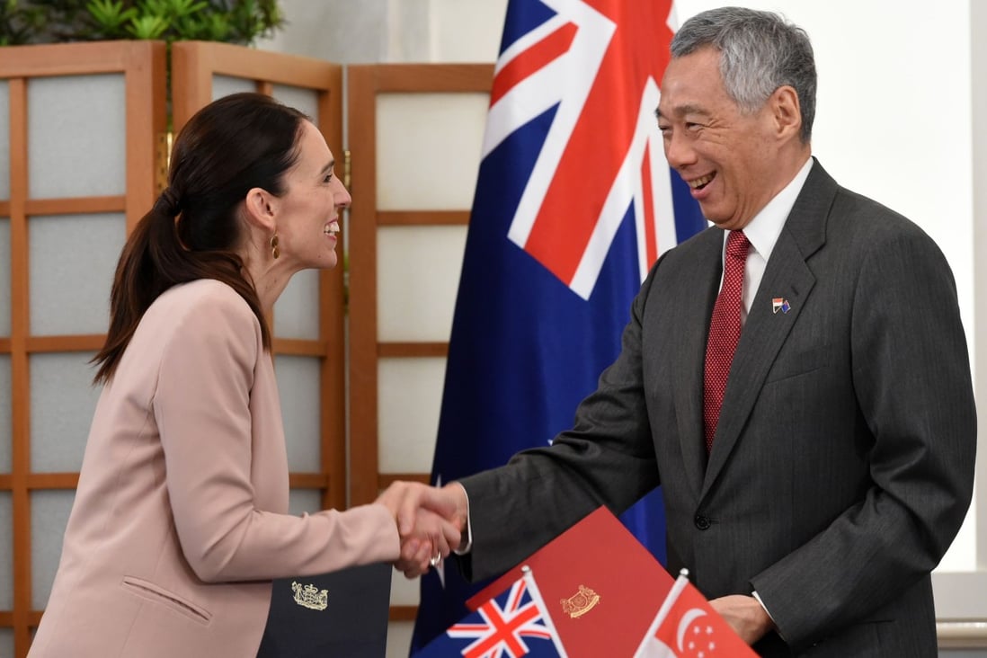 New Zealand’s Prime Minister Jacinda Ardern with her Singaporean counterpart Lee Hsien Loong. Photo: AFP