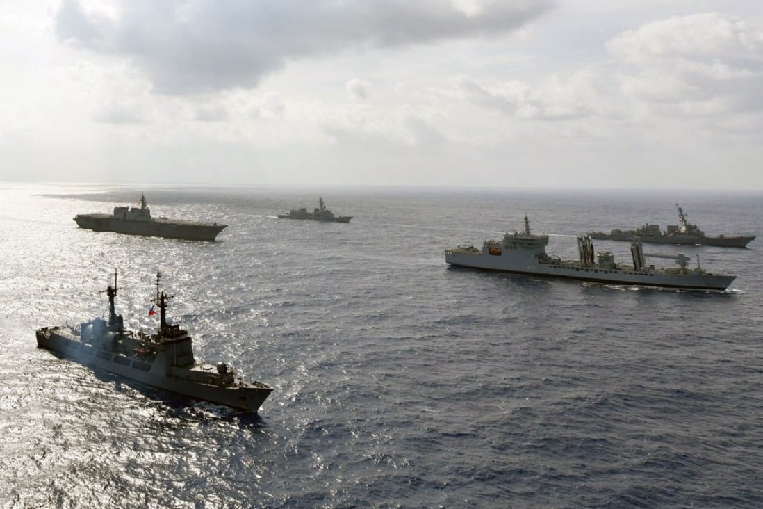 Ships from four nations – the Philippines, US, Japan and India – sail together in the South China Sea during a training exercise on May 9. Photo: Handout