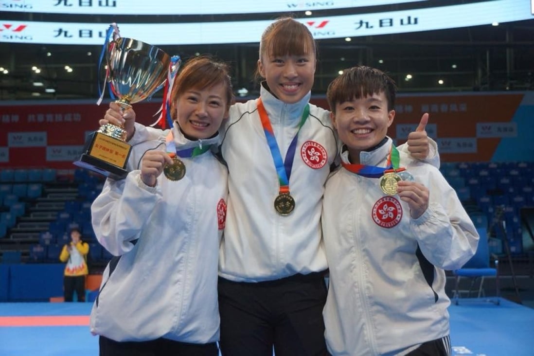 The Hong Kong woman’s senior Team Kata (L to R): Jenny To, Karman Ma and Wu Lok-man. Wu, 27, says Hong Kong athletes would benefit from a better understanding of sports psychology. Photo: Handout