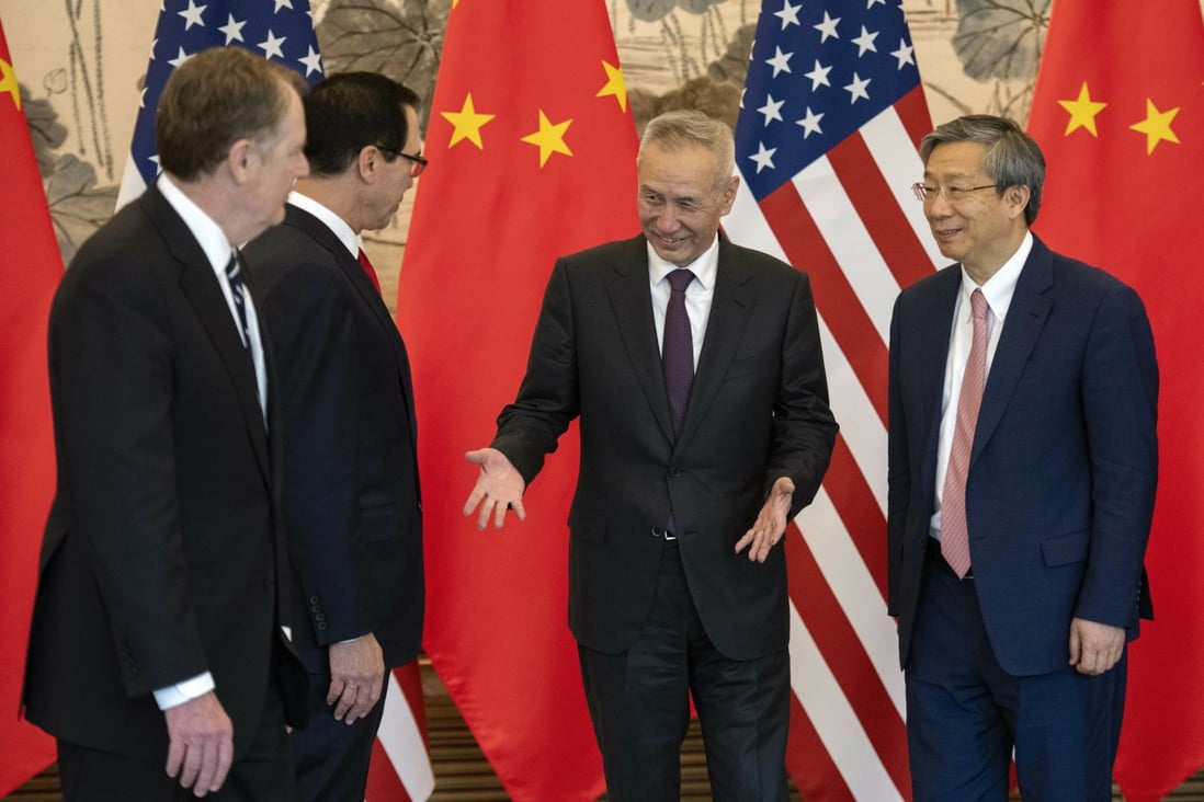 Chinese Vice Premier Liu He (second right) at the Diaoyutai State Guesthouse in Beijing on March 29 with (from the left) US Trade Representative Robert Lighthizer, US Treasury Secretary Steven Mnuchin and Chinese central bank chief Yi Gang. Photo: AP