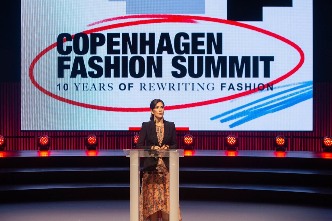 Mary, Crown Princess of Denmark, patron of the Copenhagen Fashion Summit, speaks to industry leaders and other guests at the two-day event which focused on sustainability in fashion. Photo: Getty Images