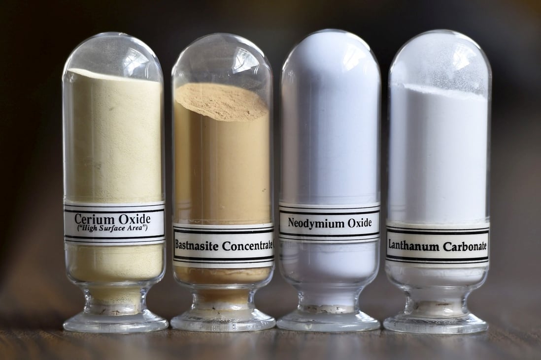 From left, samples of rare earth minerals: cerium oxide, bastnasite, neodymium oxide and lanthanum carbonate. China, the world’s largest exporter of rare earth minerals, may restrict exports to the US as part of the protracted trade war. Photo: Reuters