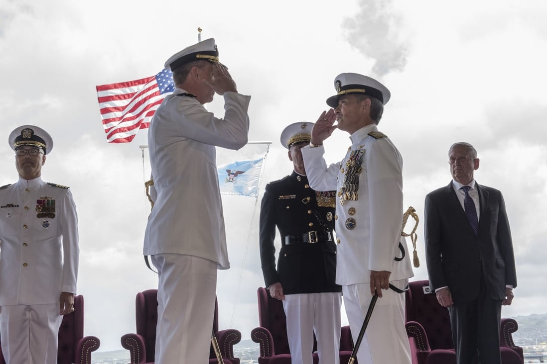 Admiral Phil Davidson (left) relieves Admiral Harry Harris (right) as commander of US Pacific Command at Joint Base Pearl Harbour-Hickam, Hawaii, in 2018. The command was renamed the Indo-Pacific Command. Photo: US Navy via AFP