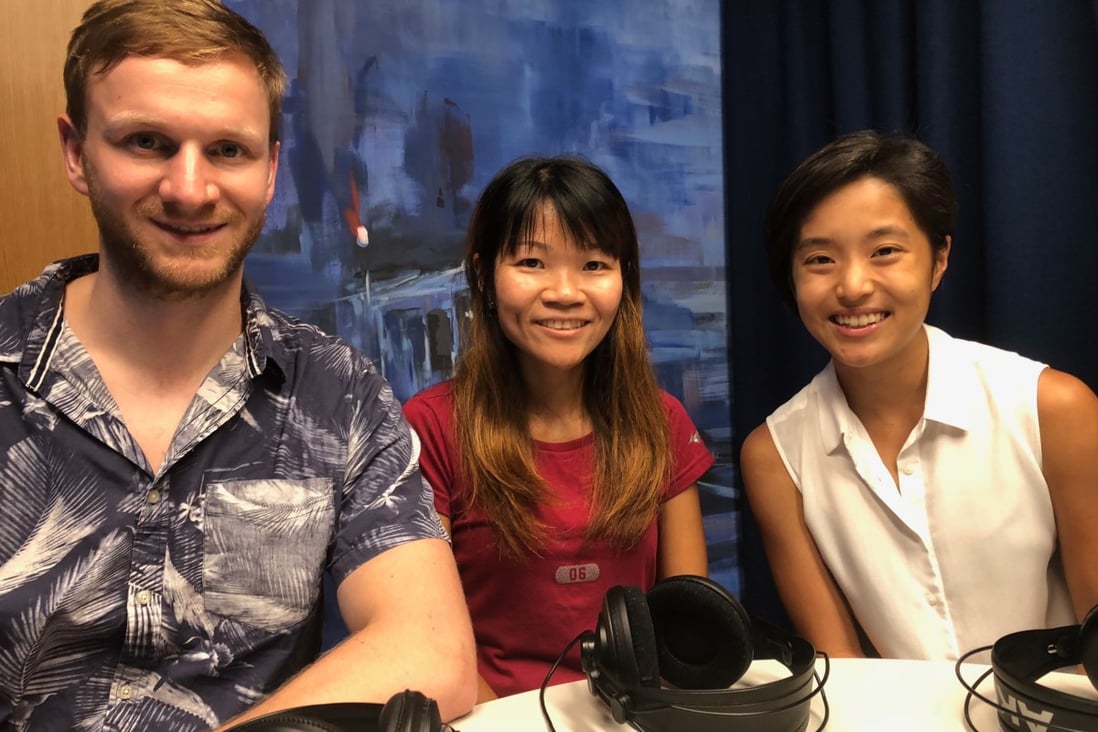 Mark Agnew, Leung Ying-suet and Mary Hui in the studio for the Adventure Trail podcast.