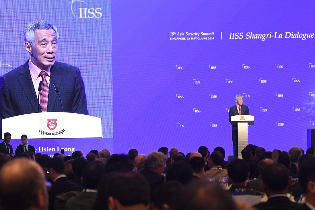 Singaporean Prime Minister Lee Hsien Loong delivering his keynote speech at the Shangri-La Dialogue in Singapore on Friday. Photo: Xinhua