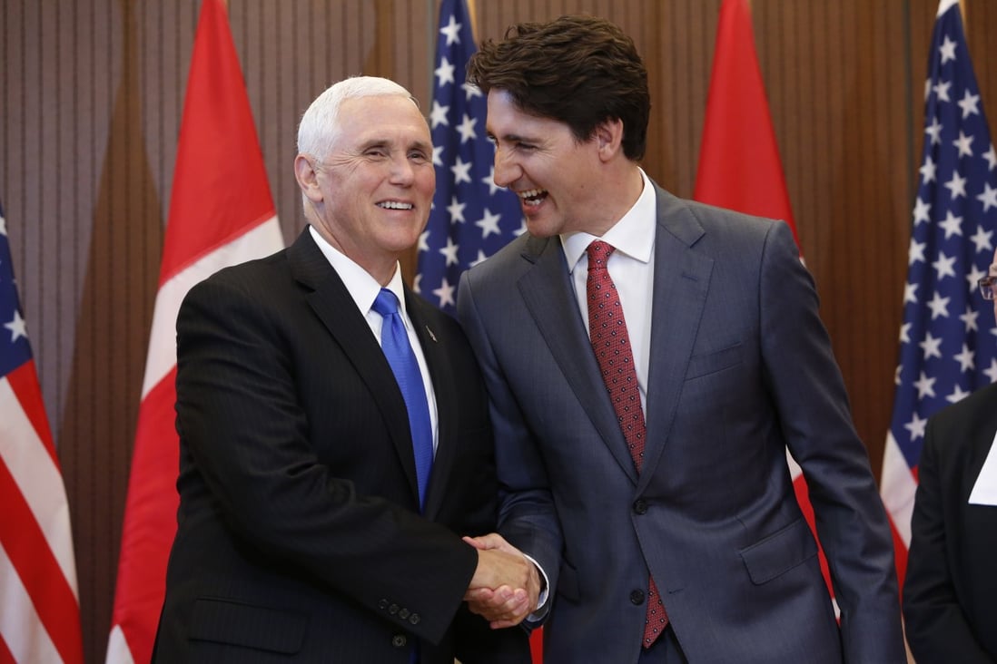 US Vice-President Mike Pence (left) assures Canadian Prime Minister Justin Trudeau that the bilateral relationship has never been stronger during his visit to Ottawa on Thursday. Photo: Bloomberg