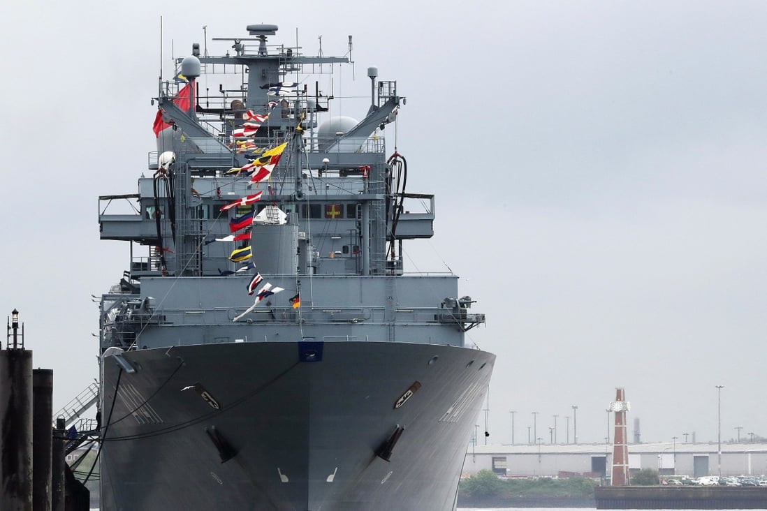 German navy supply vessel A1411 Berlin is moored during the opening parade of the 830th port anniversary in Hamburg in May. Photo: EPA-EFE