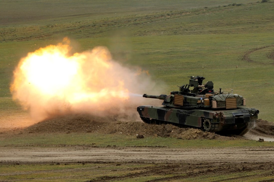 A US M1A2 Abrams tank fires during a US-led joint military exercise near Vaziani, Georgia, in 2016. Photo: Reuters