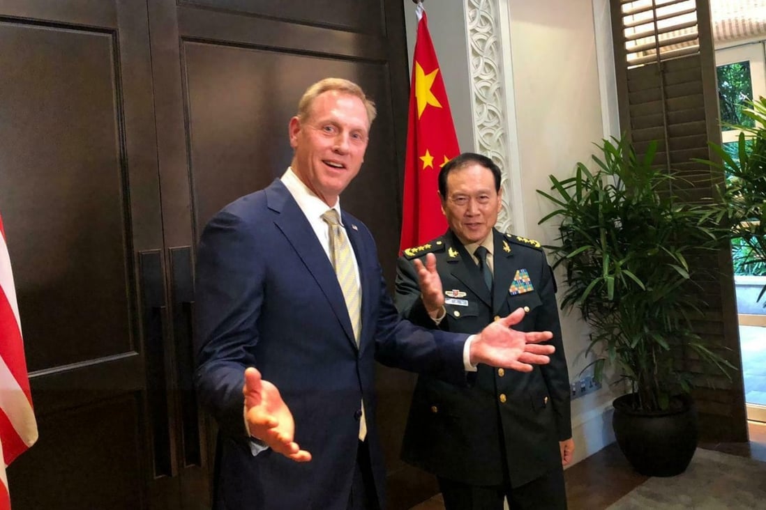 Acting US Secretary of Defence Patrick Shanahan (left) and Chinese Defence Minister Wei Fenghe meet on the sidelines of the Shangri-La Dialogue in Singapore on May 31. Photo: AP